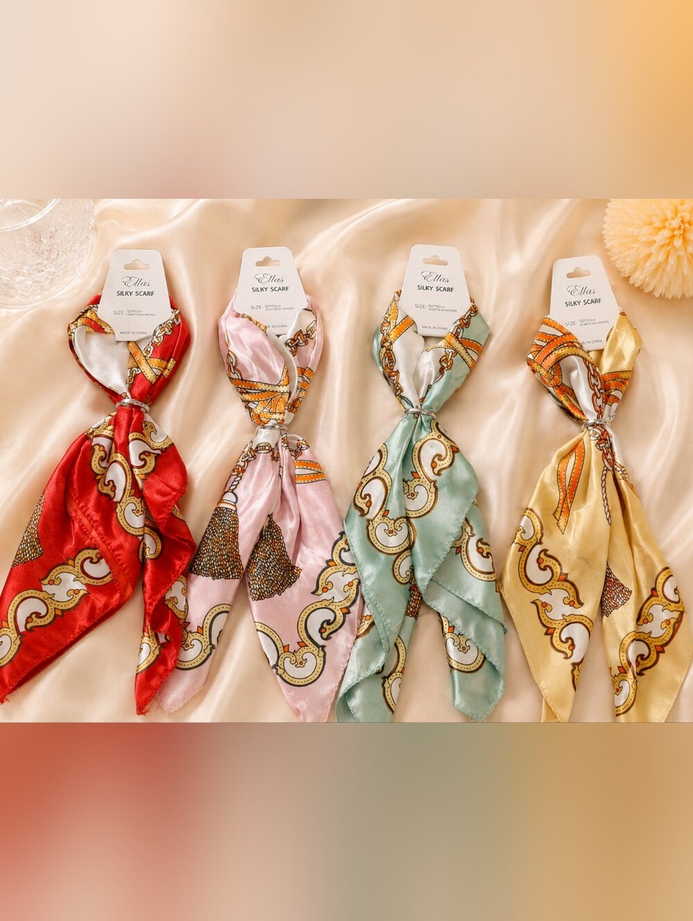 Ella Satin Scarves Set - Red, Pink, Mint, Gold Patterned Wraps